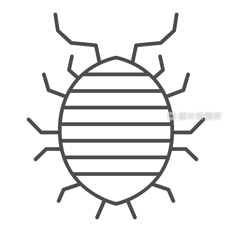 Woodlouse细线图标，bug概念，Roll up bug标志在白色背景，Sowbug图标轮廓风格的移动概念和网页设计。矢量图形。